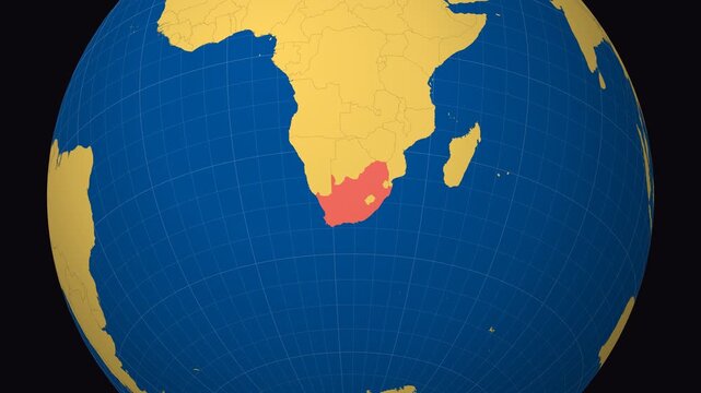 South Africa on Globe. Animated zoom into the country in Ocean Blue Golden Yellow color palette. South Africa logo animation. Map with meridians, parallels. Classy video.