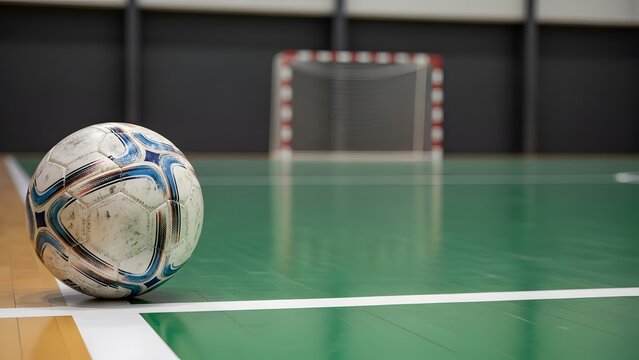 a futsal ball placed on the edge of an indoor futsal court.