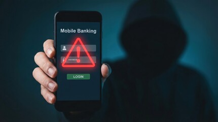 Hand showing mobile banking login error on smartphone with shadowy hacker figure behind