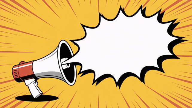 Vibrant megaphone with speech bubble on dynamic yellow background