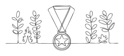 Continuous line drawing of a star medal flanked by elegant natural plant leaves, embodying success and organic achievement, ideal for awards, ecological projects, or minimalist graphic