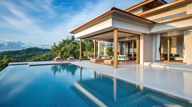 Luxury villa with infinity pool overlooking tropical ocean vista, exotic vacation resort