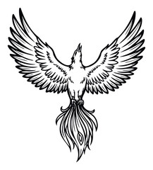 Obraz premium Phoenix mythical bird with wings spread in an upward pose, depicted as a powerful symbol of rebirth, renewal, and transformation, perfect for spiritual, strength, or unique branding designs.