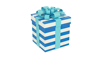 Blue and white striped gift box with aqua ribbon and bow