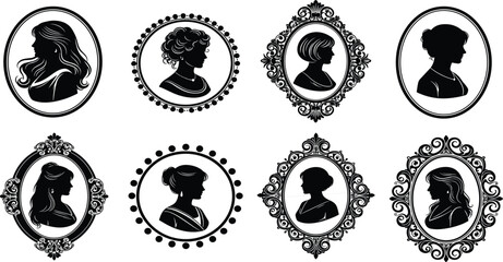 Vintage woman silhouette, ornate frame, black vector, Victorian portrait, classic hairstyle, antique design, elegant profile, historical art, illustrationVintage woman silhouette, ornate frame © Hello World