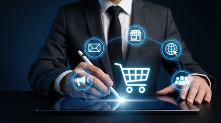 Professional businessman in suit uses a stylus on a glowing digital tablet displaying an o