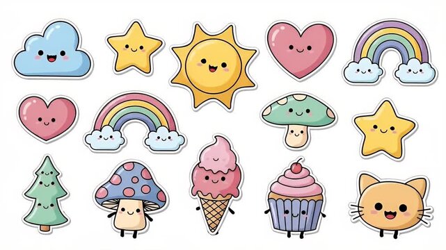 Cute Kawaii Elements Cloud Sun Rainbow Star Heart Mushroom Ice Cream Cupcake Cat Tree