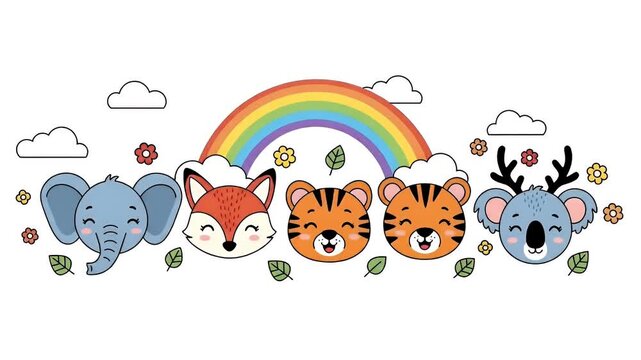 Cute Cartoon Animals Rainbow Clouds Childrens Illustration Footage
