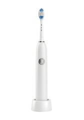 Modern white electric toothbrush on charging base