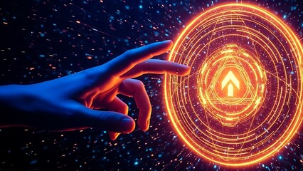 A hand reaching out to touch a glowing orange circle with a flame in the center on a dark starry background
