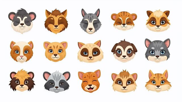 Cute Cartoon Animals Pixel Art Faces Collection