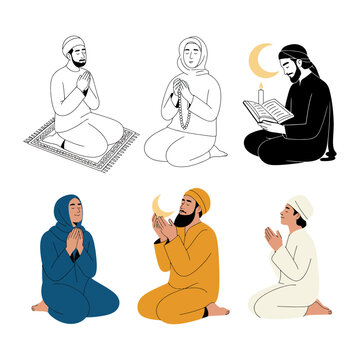 Devout Muslims in Prayer: A spiritual illustration showcases the reverence and contemplation of individuals engaged in various acts of prayer and reflection, emphasizing the core tenets of faith.