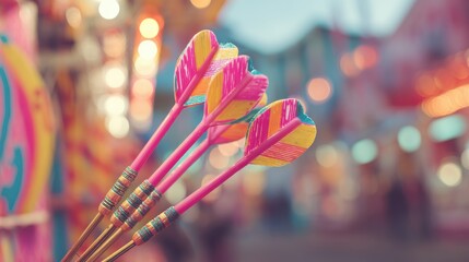 Close up view of colorful darts at a carnival game