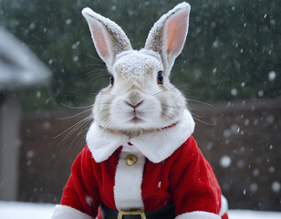 Little tiny bunny dressed up as Santa Claus on snowing, bunny Santa Claus on the snow, winter background
