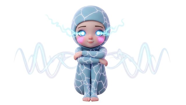 Cute animated character with electric effects sitting