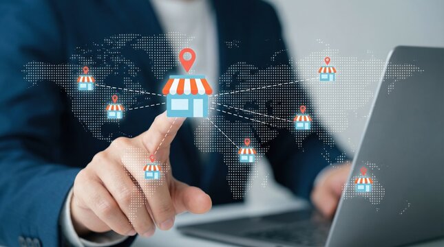 Businessman hand points to global franchise store network on an illuminated world map disp - Powered by Adobe