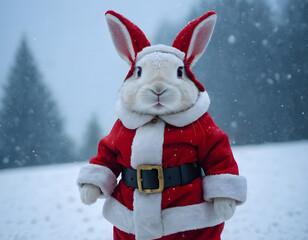 Little tiny bunny dressed up as Santa Claus on snowing, bunny Santa Claus on the snow, winter background