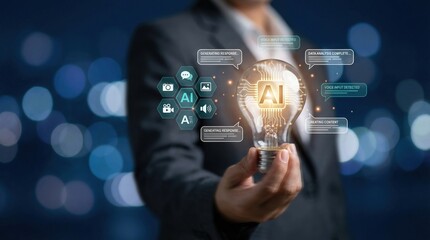 Businessman hand holding a glowing AI lightbulb symbolizing intelligent future technology 