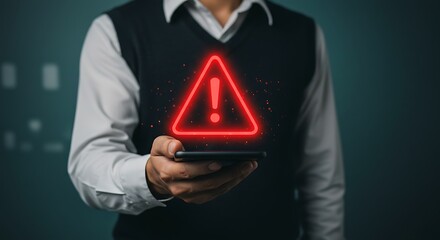 Digital Risk Management Close-up of Professional in Vest Holding Phone Overlaid with Glowing Red Caution Sign, Representing Malware and Cyber Threats