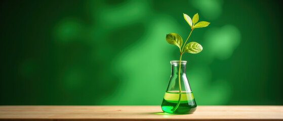 Green plant sprouting from laboratory flask symbolizes growth and innovation in science. vibrant colors evoke sense of freshness and vitality