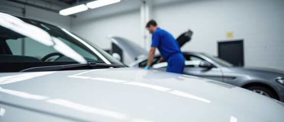 Mechanic in blue uniform works on car in modern garage, showcasing clean and organized environment