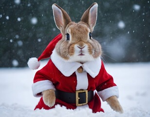 Little tiny bunny dressed up as Santa Claus on snowing, bunny Santa Claus on the snow, winter background