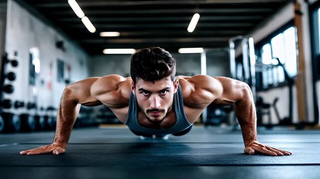 Fitness. Exercise. New Year resolution. Healthy lifestyle theme. man performing pushups in gym setting.