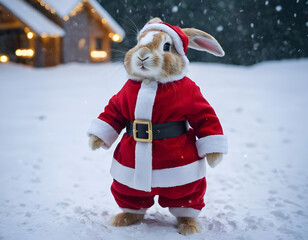 Little tiny bunny dressed up as Santa Claus on snowing, bunny Santa Claus on the snow, winter background