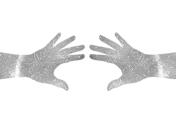 Fingerprint hands reaching out in darkness mysteriously