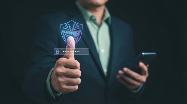 Businessman securely authenticates with biometric fingerprint scan on a virtual interface  - Powered by Adobe