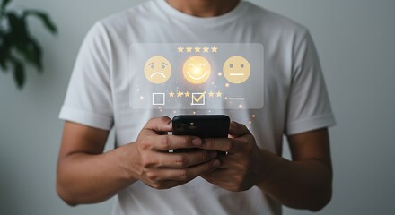 Business Evaluation and Reputation Management User Submitting Online Review and Feedback via Smartphone with Glowing Rating Symbols Overlay