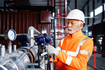 Senior engineer checking pressure gauge in industrial plant