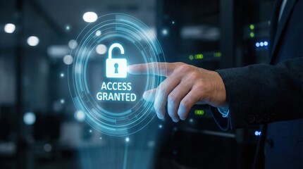 Professional hand grants access on a glowing digital interface in a secure server room