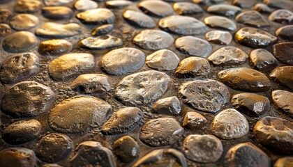 Smooth river stones create a natural texture on the ground in a calming and serene environment