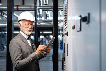 Senior executive checking industrial plant control panel