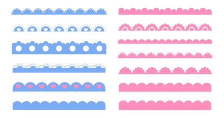 Scalloped edge pink and blue lace border, cute textile frill stripe. scalloped border, frame, pattern isolated. Zigzag edge border, cutout decoration line frame collection