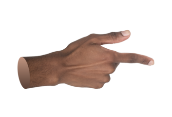 Close-up of a male hand with index finger pointing forward in a clear indicating gesture. The hand