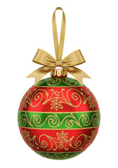 Vibrant Christmas ornament with gold bow on black background