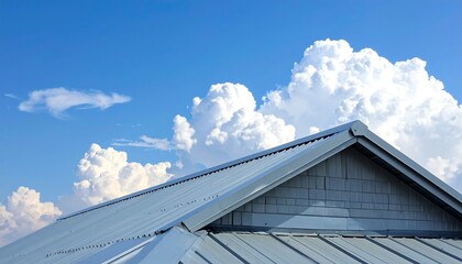 Fototapeta premium Angle of a metal roof against a bright blue sky and fluffy clouds