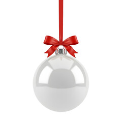 Elegant clear Christmas ornament with red ribbon on black background