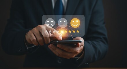 Businessman Hand Touching Virtual Reality Screen to Give Five Star Rating and Happy Face Icon for Excellent Customer Service Feedback and Satisfaction