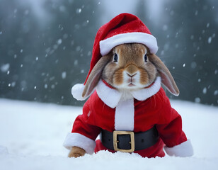 Little tiny bunny dressed up as Santa Claus on snowing, bunny Santa Claus on the snow, winter background
