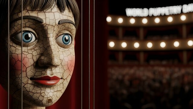 Cracked wooden marionette face looking out from behind a dark curtain suggesting a performance about to begin.