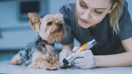 Veterinary technician polishing a small pets teeth using a rotary tool emphasizing dental hygiene and preventing oral diseases in a calm examination room.