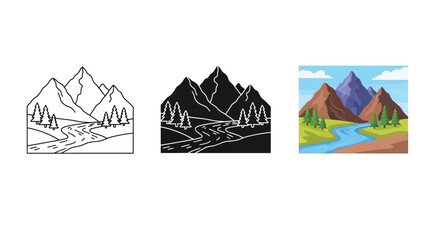 Set of mountain landscape illustrations outline, silhouette and color vector graphics of mountains with river and trees