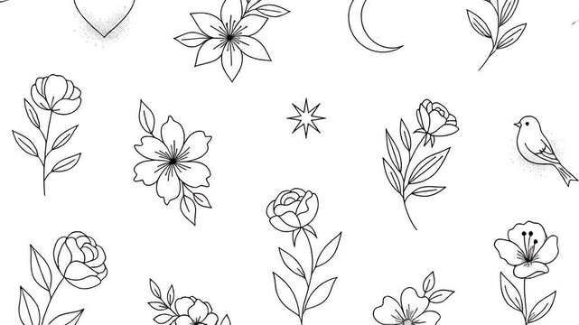 Delicate Hand Drawn Floral Elements Collection In Black And White