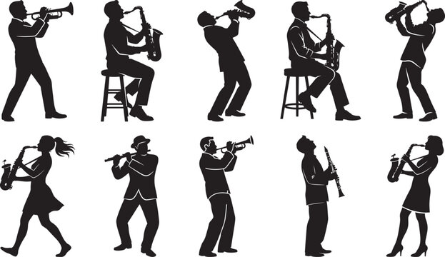 Diverse musicians playing various brass and woodwind instruments in dynamic silhouettes Vector
