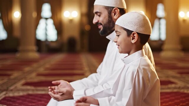 Muslim father and son praying together in a mosque. Man teaching his child the tradition of Islamic prayer. Faith, family, and spirituality concept