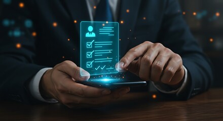 Advanced AI Recruitment System Executive Selecting Top Candidates Using Innovative Online Career Portal and Interactive Management Dashboard.