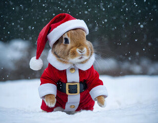 Little tiny bunny dressed up as Santa Claus on snowing, bunny Santa Claus on the snow, winter background